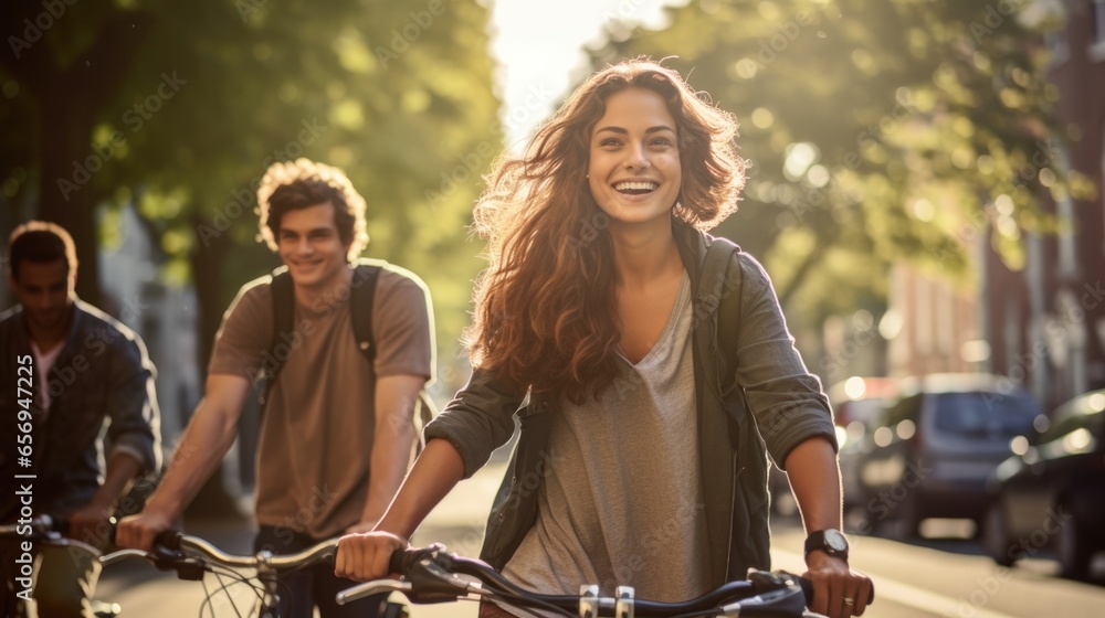 Wall mural Tourist young woman cycling down the street, Active urban travel cycling concept.