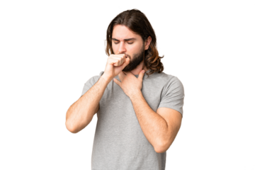 Young handsome man over isolated chroma key background coughing a lot