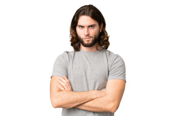 Young handsome man over isolated chroma key background with unhappy expression