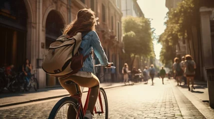  Tourist young woman cycling down the street, Active urban travel cycling concept. © Oulaphone