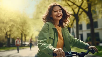 Tuinposter Happy young woman riding bicycle in city spring park outdoor, Active urban lifestyle cycling concept © Oulaphone