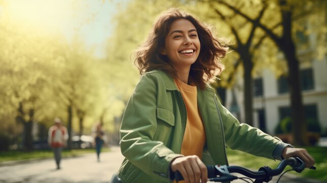 Happy young woman riding bicycle in city spring park outdoor, Active urban lifestyle cycling concept