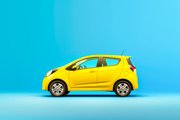 Fototapeta na wymiar Sustainable eco friendly trip on electric vehicle EV car. Small yellow electric car on bright blue background. Concept of alternative sustainable eco energy and ecological travel. Copy space