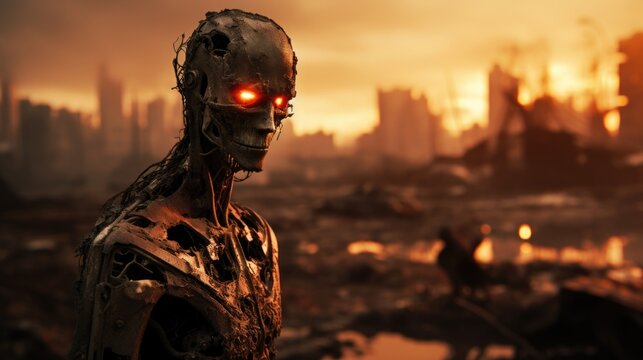 Zombie robot searching for remaining organic life to exterminate, mechanical soldier monsters rule over a dystopian future world in ruin and burning ashes.