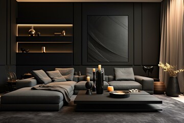 Sleek contemporary lounge with black feature wall. Generative AI