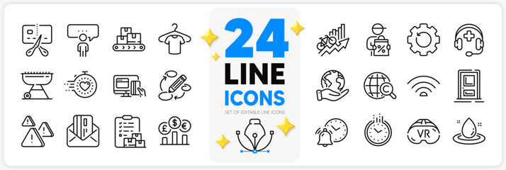 Icons set of Currency rate, Keywords and T-shirt line icons pack for app with Save planet, Alarm clock, Wifi thin outline icon. Attention, Wholesale goods, Fuel energy pictogram. Vector