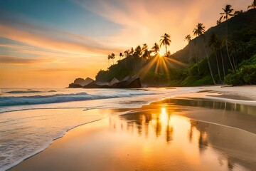 serenity of a secluded beach at sunrise.