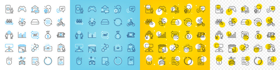 Vector icons set of Chemical formula, Loop and Spanner line icons pack for web with Mini pc, Copywriting notebook, Delivery truck outline icon. 360 degree, Approved document, Journey pictogram. Vector