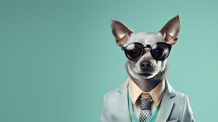 Abstract portrait of a animal dressed up as a man in elegant pastel suit. A human size dog in suit on blue background