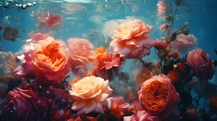 Underwater creative love concept of fresh Spring flowers in blue water background. Love is in the water.