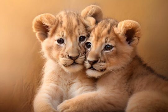 A cute pair of little Lions on a brown background. Portrait of a wild animals.