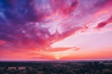 A vibrant sunset over a picturesque field with a backdrop of majestic trees