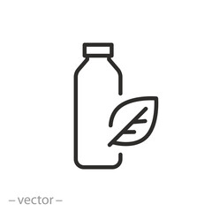 bioplastic icon, plastic bottle with leaf, biodegradable package, eco bottle thin line symbol - editable stroke vector illustration