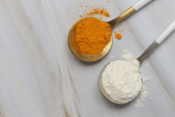 Dietary supplement for health and beauty - collagen, vitamins, biotin or protein powder in spoon