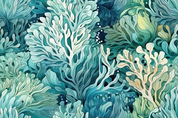 Fototapeten Seamless pattern of sea plants and fish, bright and rich color. © Мария Фадеева