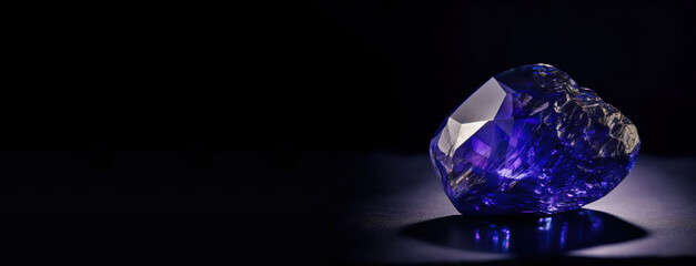 Tanzanite is a rare precious natural stone on black background. AI generated. Header banner mockup with space.