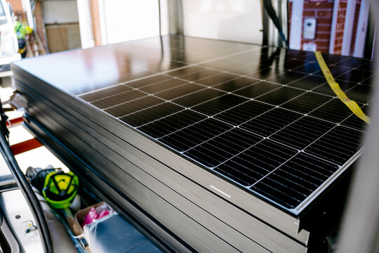 Stack of solar panels at site