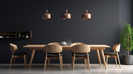 Interior of modern dining room dining table and wooden armchairs