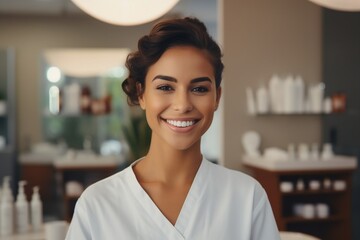 Beautiful smiling manager against the background of a bright spa salon. - obrazy, fototapety, plakaty