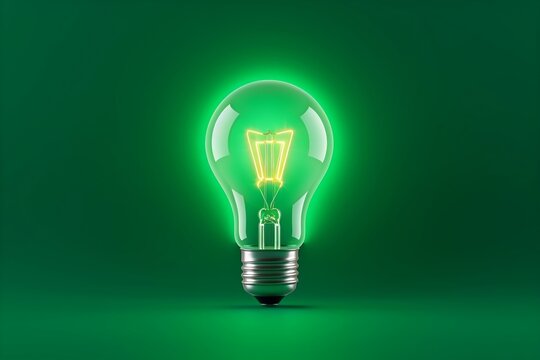 A light bulb glowing on a green background as a green energy concept.