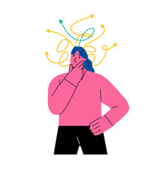 Business woman trying to make choice between different ways to solve problem. Person looking for best solution to problem. Uncertainty concept. Flat vector illustration isolated on white background