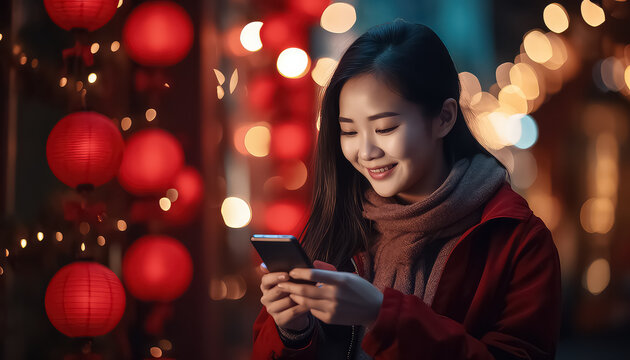 Chinese Woman Holding A Phone In Her Hand, New Year's Concept