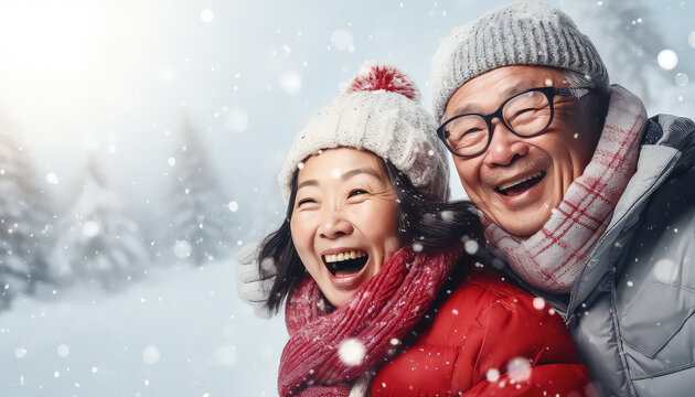 Chinese Couple Hugging In Winter, New Year's Concept