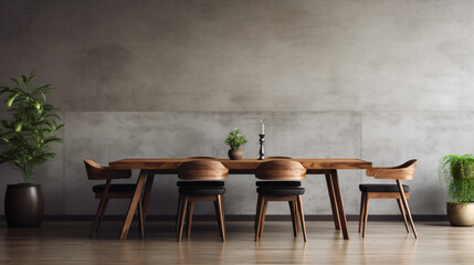 Interior of modern dining room dining table and wooden armchairs