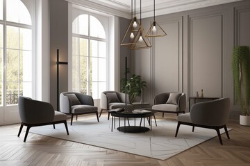 Fototapeta premium Contemporary lounge with seating and discussion area, empty frame. Generative AI
