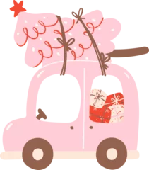 Zelfklevend Fotobehang Cute Pink Christmas car with pine tree and gifts © Natsicha