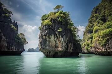 Fototapeta premium A majestic rock surrounded by calm waters
