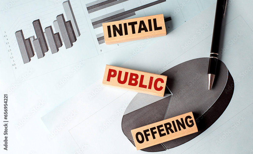 Poster initial public offering wooden block on chart background