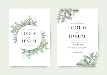 Elegant wedding invitation with green leaves and blue flowers