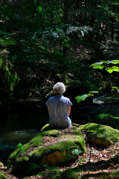 Woman Looking At Trees Sitting On Rocks In Forest