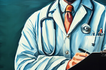 doctor with stethoscope and taking notes on clipboard in oil painting style digital art - obrazy, fototapety, plakaty