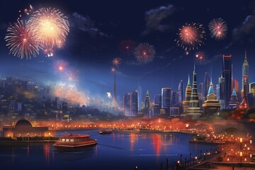 Fototapeta na wymiar New Year Festival Night Fireworks River Skyscapper