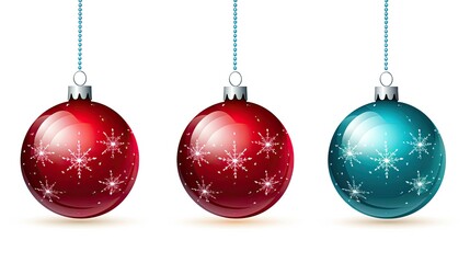 Blue and red illustration of Christmas ball ornaments hanging against an isolated background. Generative AI