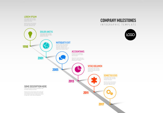 Vector Infographic Company Milestones Timeline Template with pointers on a straight road line