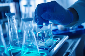 Close up hands of scientists in the laboratory analyzing blue substance in the background of Research tool with lab. Research concept of science and experiment.