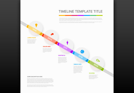 Five semi transparent light circles diagonal timeline process infographic
