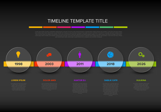 Five glassy dark circles timeline process infographic