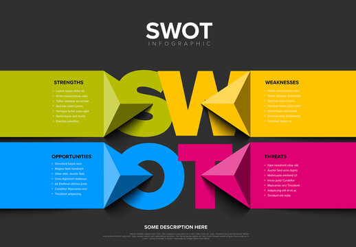 Dark color SWOT diagram schema template with big triangle arrows on color stripes