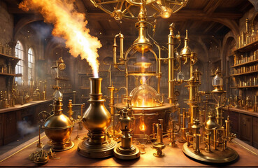 Fototapeta na wymiar Gold decorated alchemist laboratory, stempunk mechanical Background