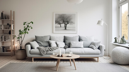 Light Gray Sofa with Dove Gray Pillows in a Scandinavian-Style Room