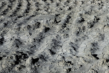 Dry mud texture. Dried cracked grey mud and clay. Brick material. Top view. Natural rough wallpaper and background. 