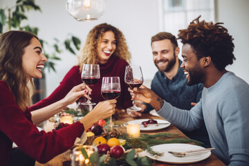 Group of friends toasting with red wine glasses, celebrating Christmas holidays together at a festive lunch party