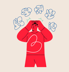 Anxious man suffering from obsession, anxiety, worrying, concerning. Intrusive thoughts. Psychology concept. Colorful vector illustration