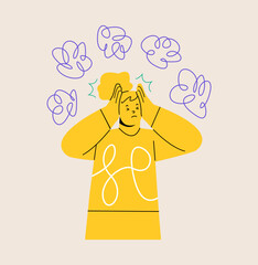 Anxious woman suffering from obsession, anxiety, worrying, concerning. Intrusive thoughts. Psychology concept. Colorful vector illustration