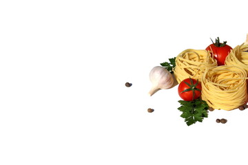  Curled raw spaghetti with tomatoes and herbs lie on a white isolated background.
