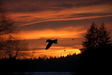 Fototapeta na wymiar A sunset backdrop frames a bald eagle soaring through the sky. Generative AI